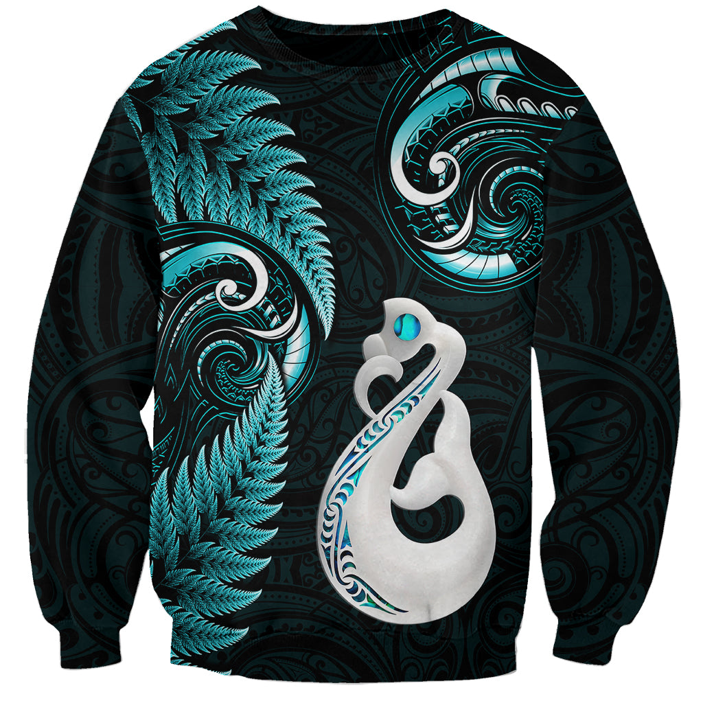 Personalised New Zealand Sweatshirt Aotearoa Silver Fern With Manaia Maori Unique Turquoise - Vibe Hoodie Shop