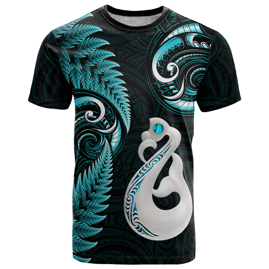 Personalised New Zealand T Shirt Aotearoa Silver Fern With Manaia Maori Unique Turquoise - Vibe Hoodie Shop