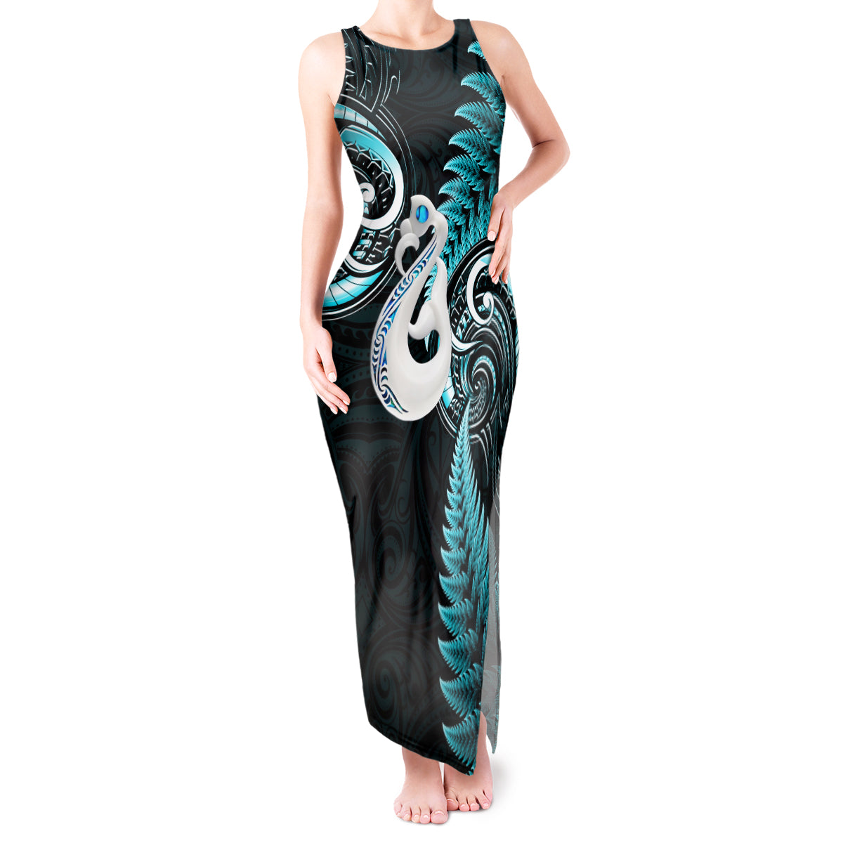 personalised-new-zealand-tank-maxi-dress-aotearoa-silver-fern-with-manaia-maori-unique-turquoise