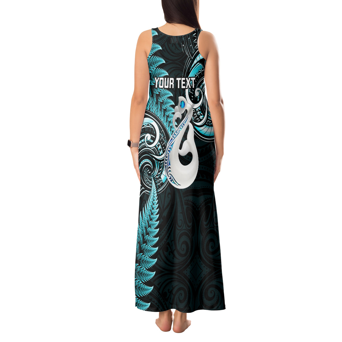 personalised-new-zealand-tank-maxi-dress-aotearoa-silver-fern-with-manaia-maori-unique-turquoise