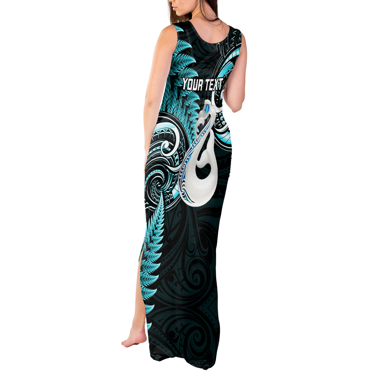 personalised-new-zealand-tank-maxi-dress-aotearoa-silver-fern-with-manaia-maori-unique-turquoise