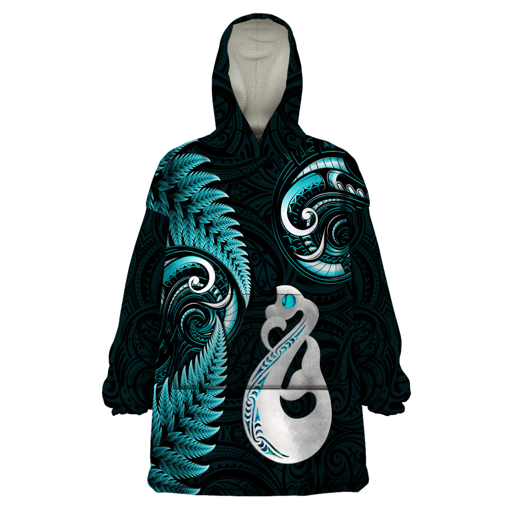 Personalised New Zealand Wearable Blanket Hoodie Aotearoa Silver Fern With Manaia Maori Unique Turquoise - Vibe Hoodie Shop