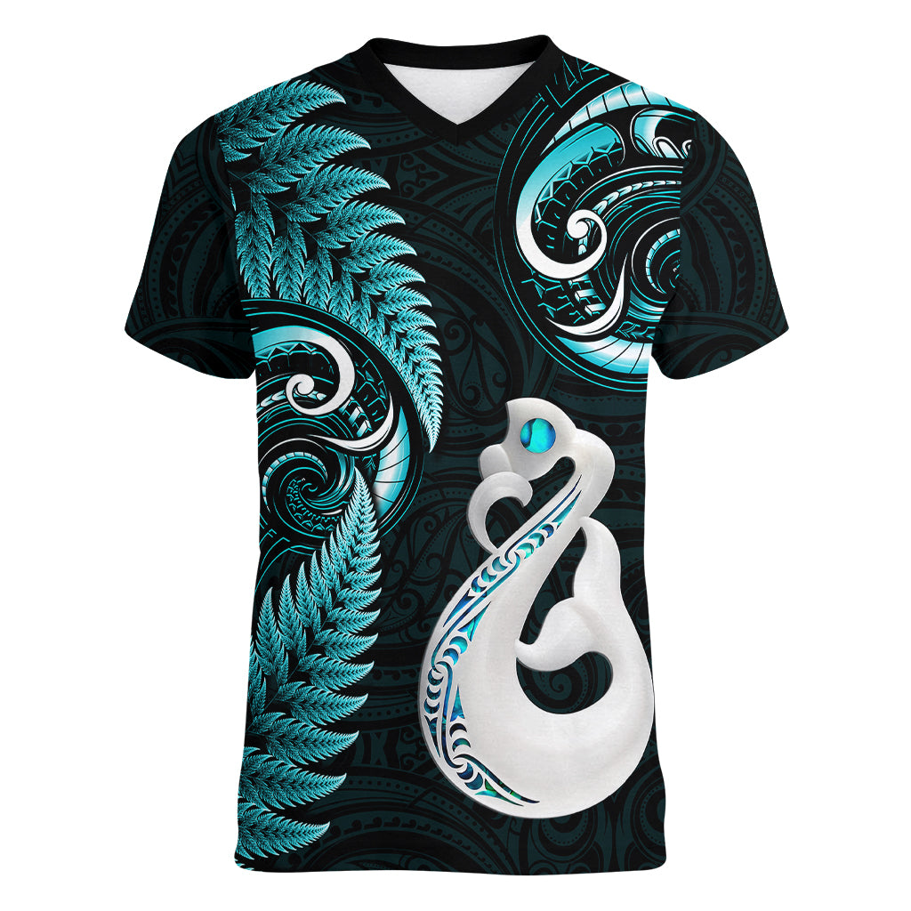 Personalised New Zealand Women V Neck T Shirt Aotearoa Silver Fern With Manaia Maori Unique Turquoise - Vibe Hoodie Shop