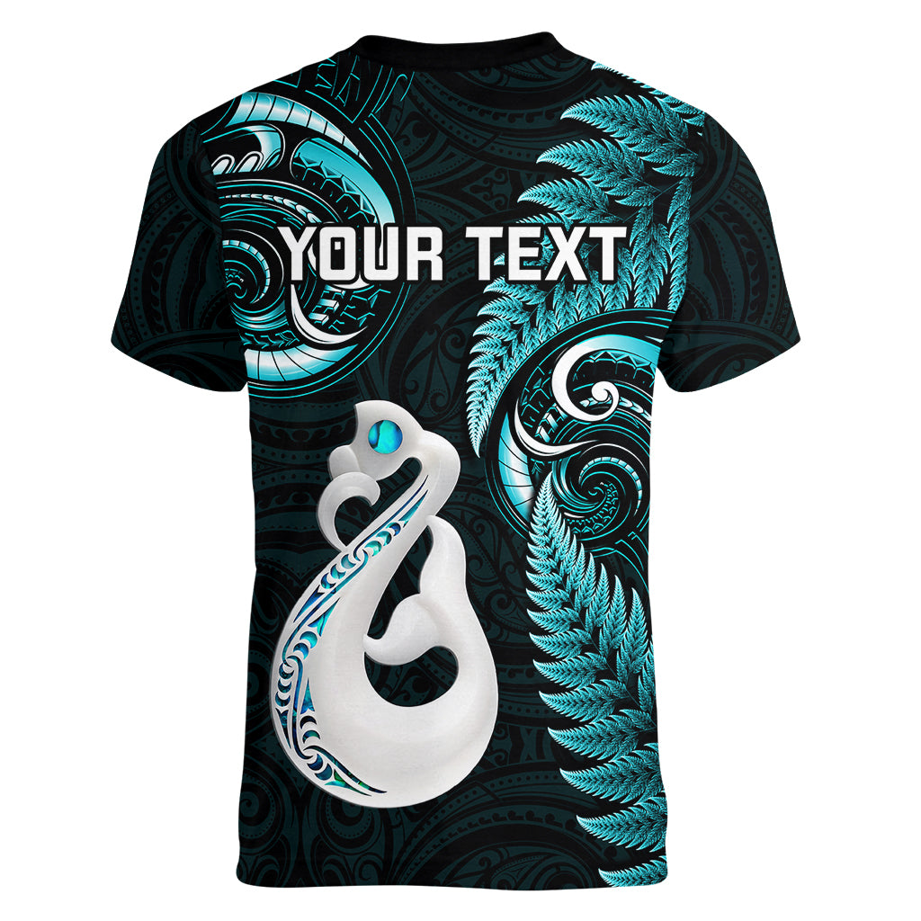 Personalised New Zealand Women V Neck T Shirt Aotearoa Silver Fern With Manaia Maori Unique Turquoise - Vibe Hoodie Shop