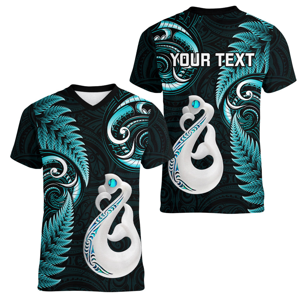 Personalised New Zealand Women V Neck T Shirt Aotearoa Silver Fern With Manaia Maori Unique Turquoise - Vibe Hoodie Shop