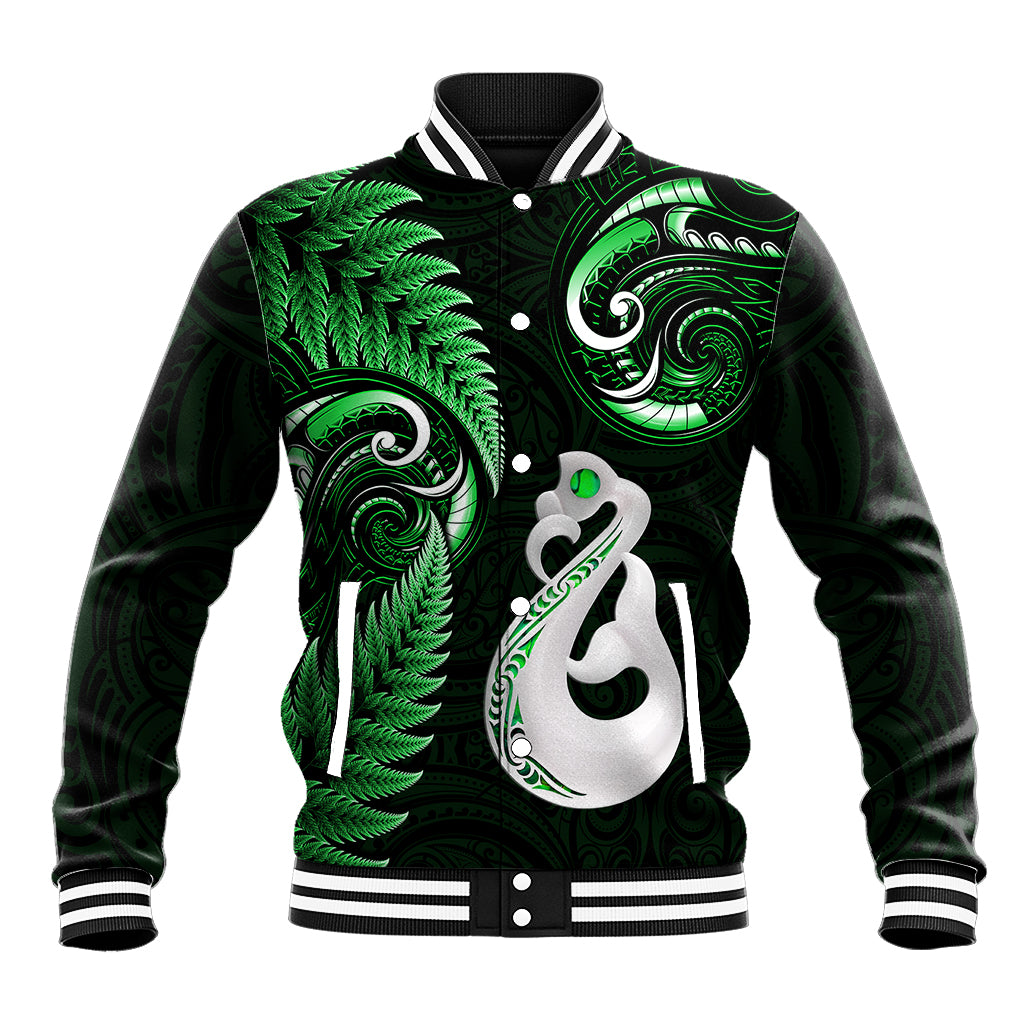 Personalised New Zealand Baseball Jacket Aotearoa Silver Fern With Manaia Maori Unique Green - Vibe Hoodie Shop