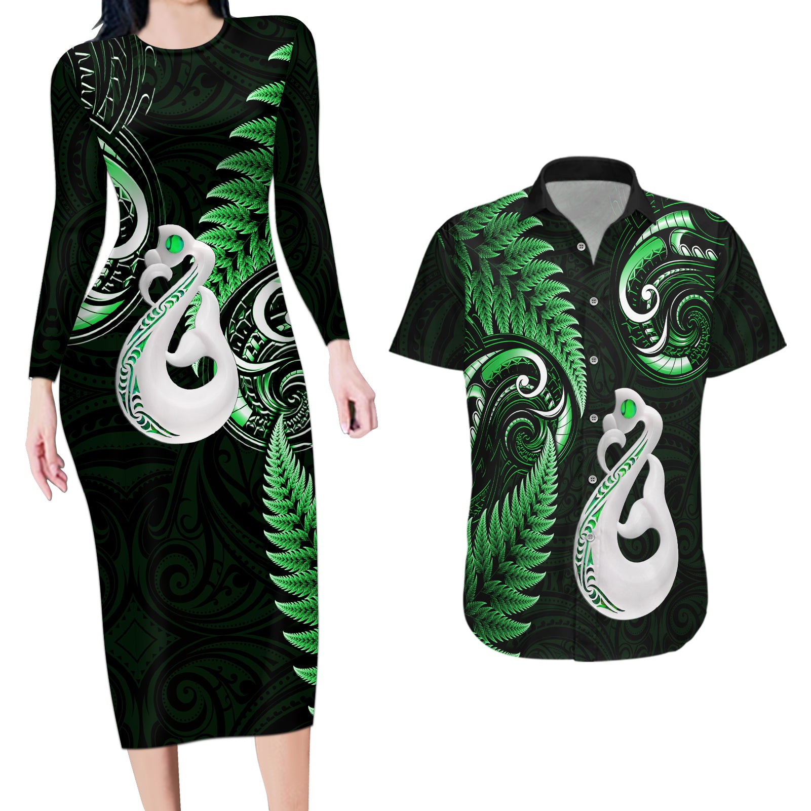 personalised-new-zealand-couples-long-sleeve-bodycon-dress-and-hawaiian-shirt-aotearoa-silver-fern-with-manaia-maori-unique-green