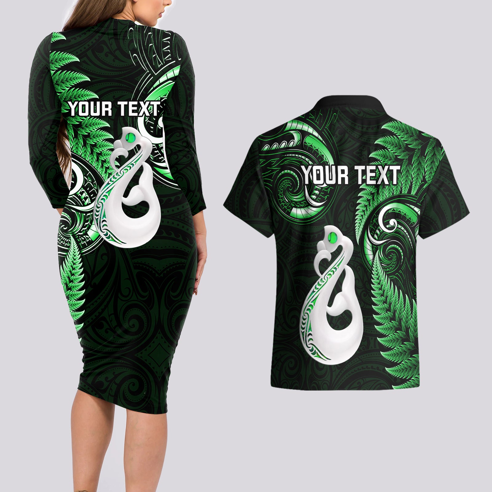 personalised-new-zealand-couples-long-sleeve-bodycon-dress-and-hawaiian-shirt-aotearoa-silver-fern-with-manaia-maori-unique-green