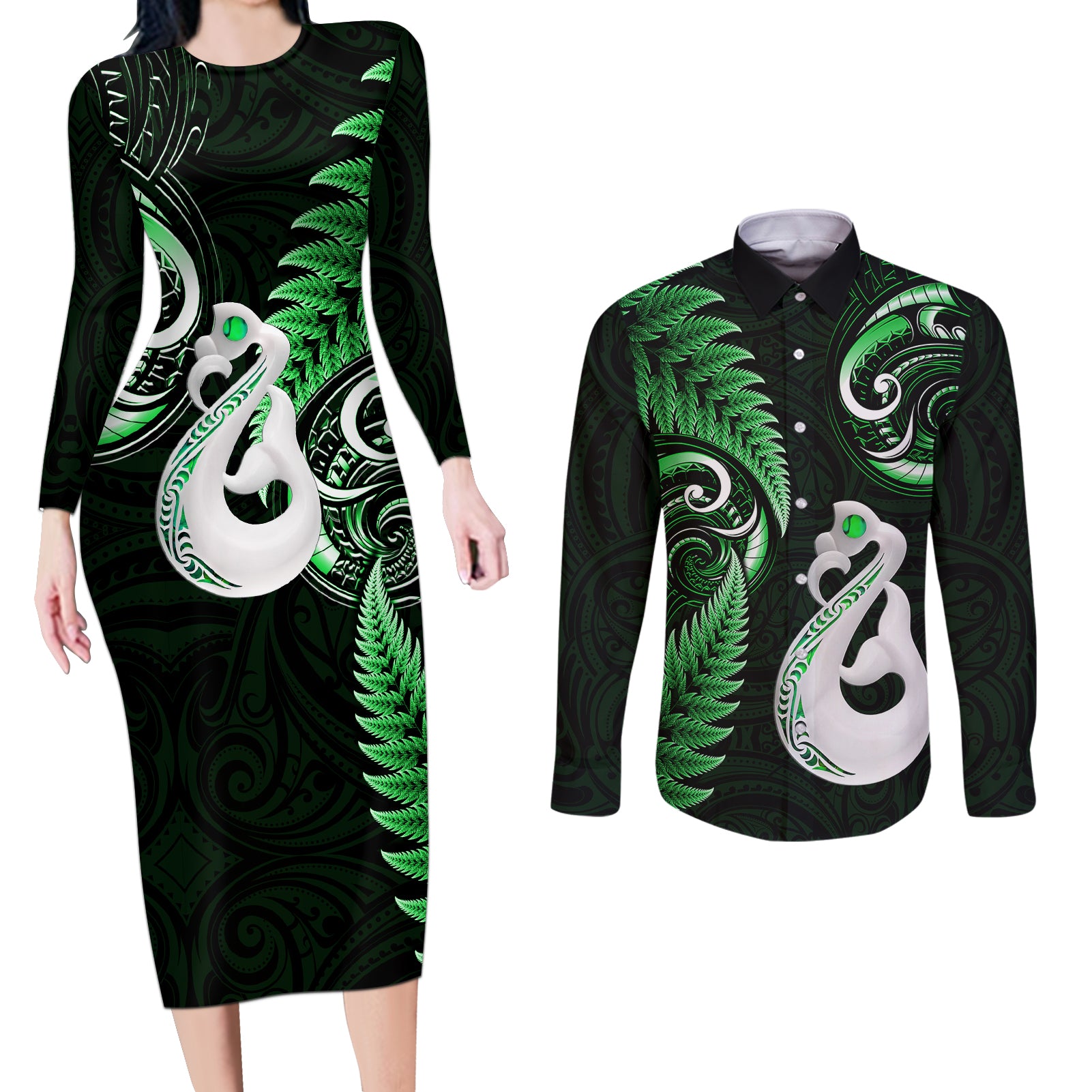 personalised-new-zealand-couples-long-sleeve-bodycon-dress-and-long-sleeve-button-shirts-aotearoa-silver-fern-with-manaia-maori-unique-green