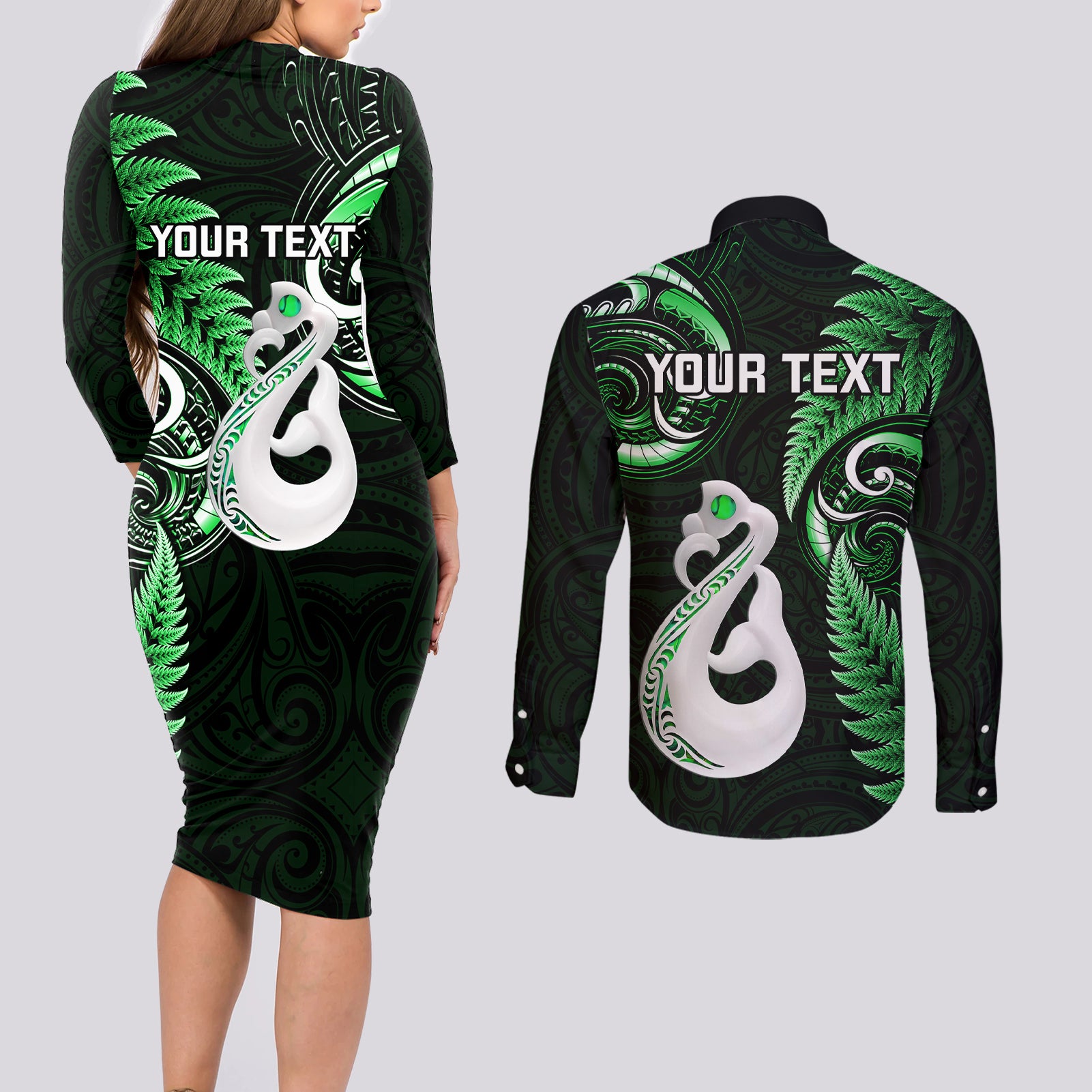 personalised-new-zealand-couples-long-sleeve-bodycon-dress-and-long-sleeve-button-shirts-aotearoa-silver-fern-with-manaia-maori-unique-green