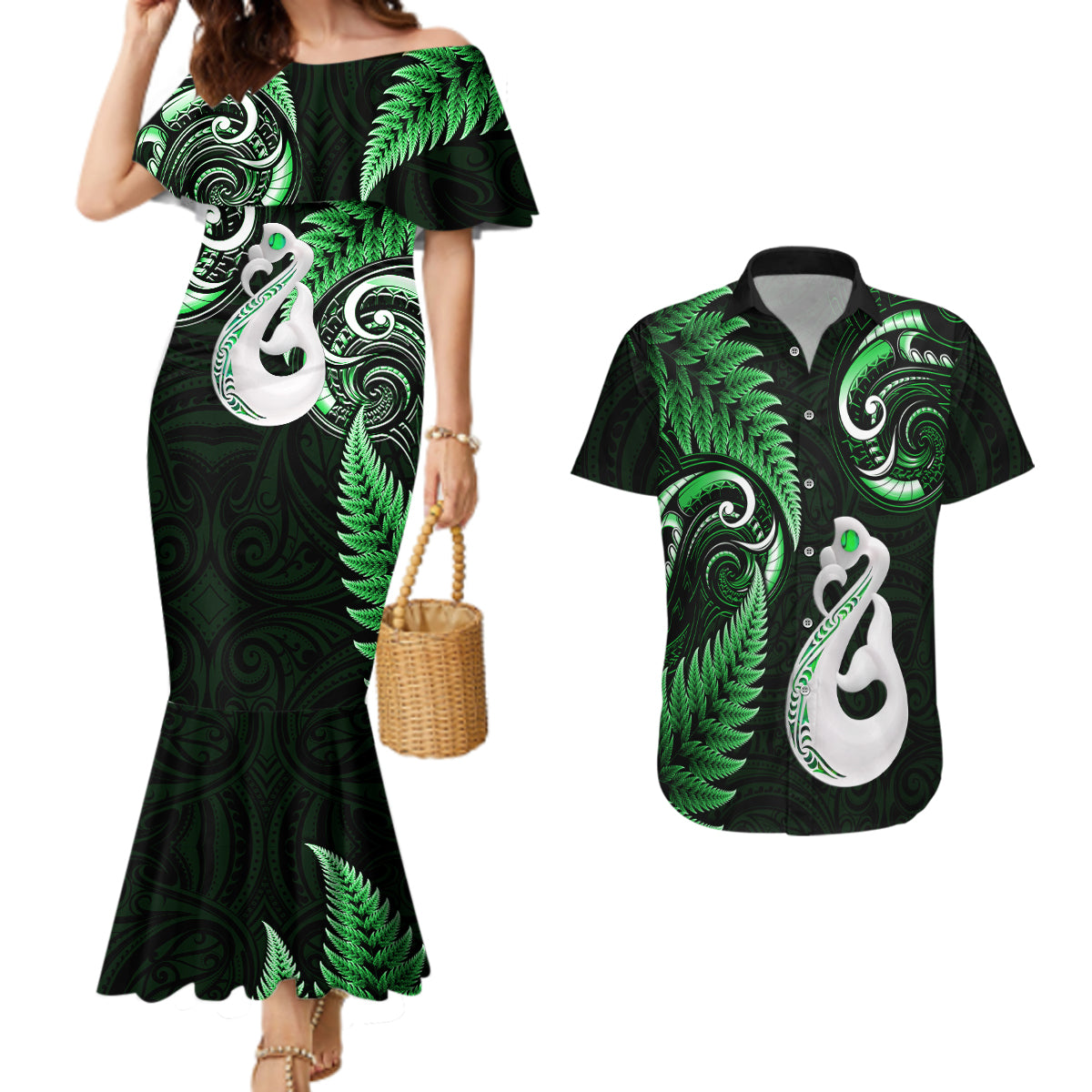 personalised-new-zealand-couples-mermaid-dress-and-hawaiian-shirt-aotearoa-silver-fern-with-manaia-maori-unique-green