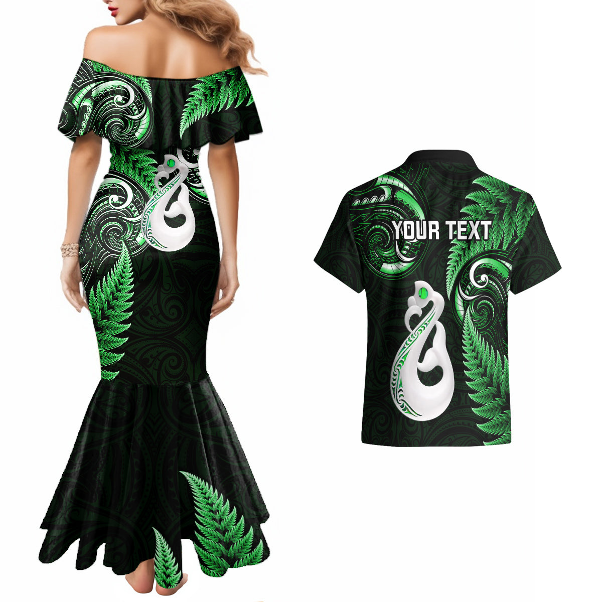 personalised-new-zealand-couples-mermaid-dress-and-hawaiian-shirt-aotearoa-silver-fern-with-manaia-maori-unique-green