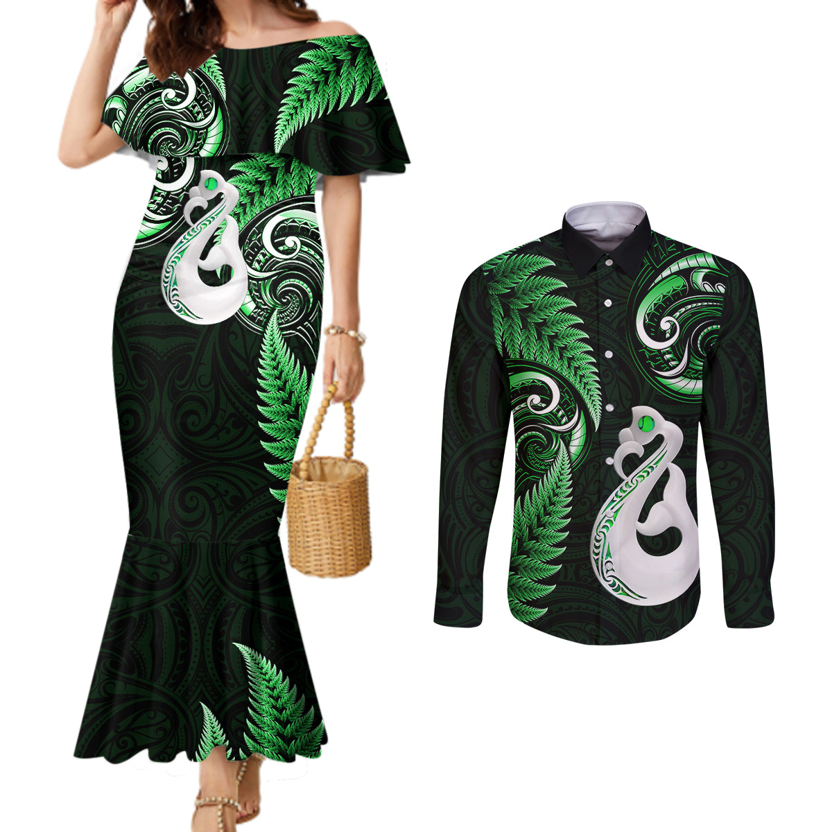 personalised-new-zealand-couples-mermaid-dress-and-long-sleeve-button-shirts-aotearoa-silver-fern-with-manaia-maori-unique-green