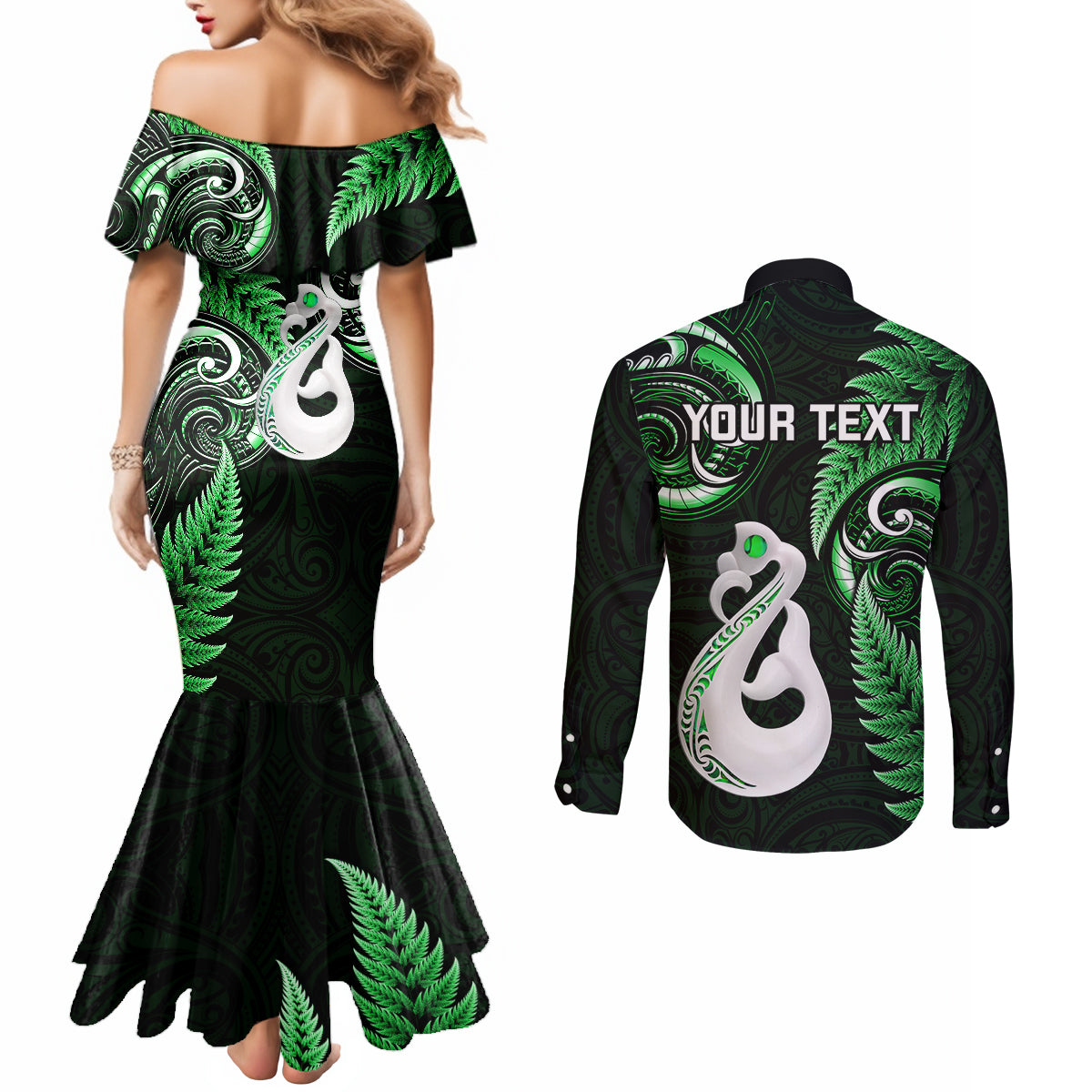 personalised-new-zealand-couples-mermaid-dress-and-long-sleeve-button-shirts-aotearoa-silver-fern-with-manaia-maori-unique-green