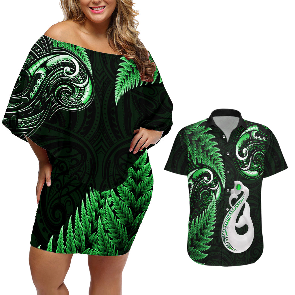 personalised-new-zealand-couples-off-shoulder-short-dress-and-hawaiian-shirt-aotearoa-silver-fern-with-manaia-maori-unique-green