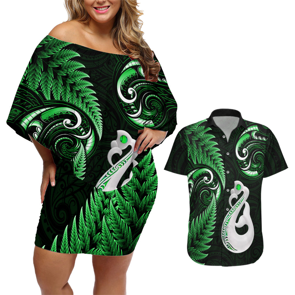 Personalised New Zealand Couples Off The Shoulder Long Sleeve Dress and Hawaiian Shirt Aotearoa Silver Fern With Manaia Maori Unique Green LT14