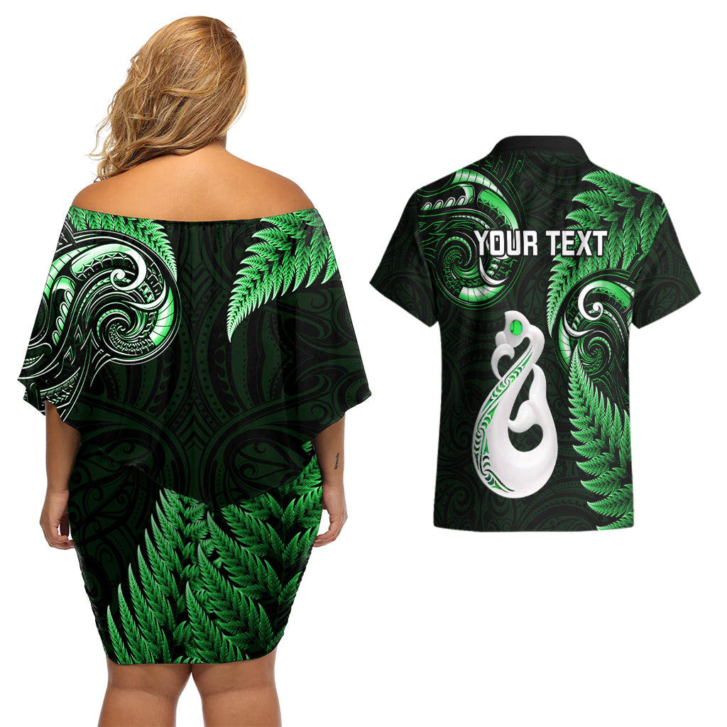 personalised-new-zealand-couples-off-shoulder-short-dress-and-hawaiian-shirt-aotearoa-silver-fern-with-manaia-maori-unique-green