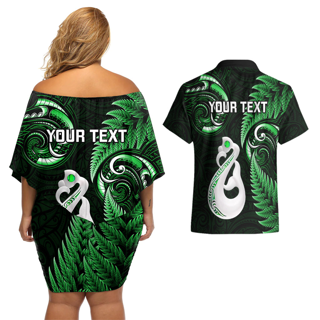 Personalised New Zealand Couples Off The Shoulder Long Sleeve Dress and Hawaiian Shirt Aotearoa Silver Fern With Manaia Maori Unique Green LT14