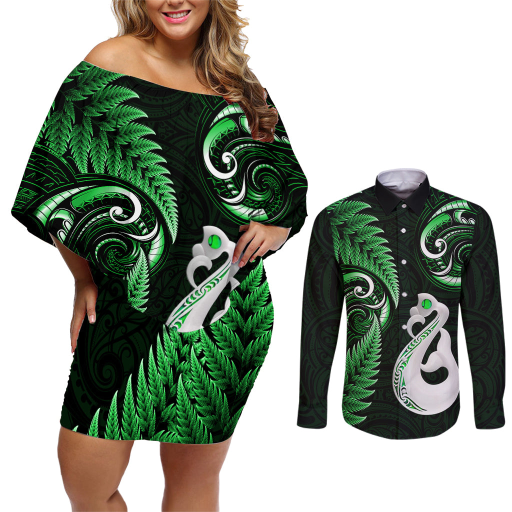 Personalised New Zealand Couples Off Shoulder Short Dress and Long Sleeve Button Shirts Aotearoa Silver Fern With Manaia Maori Unique Green LT14