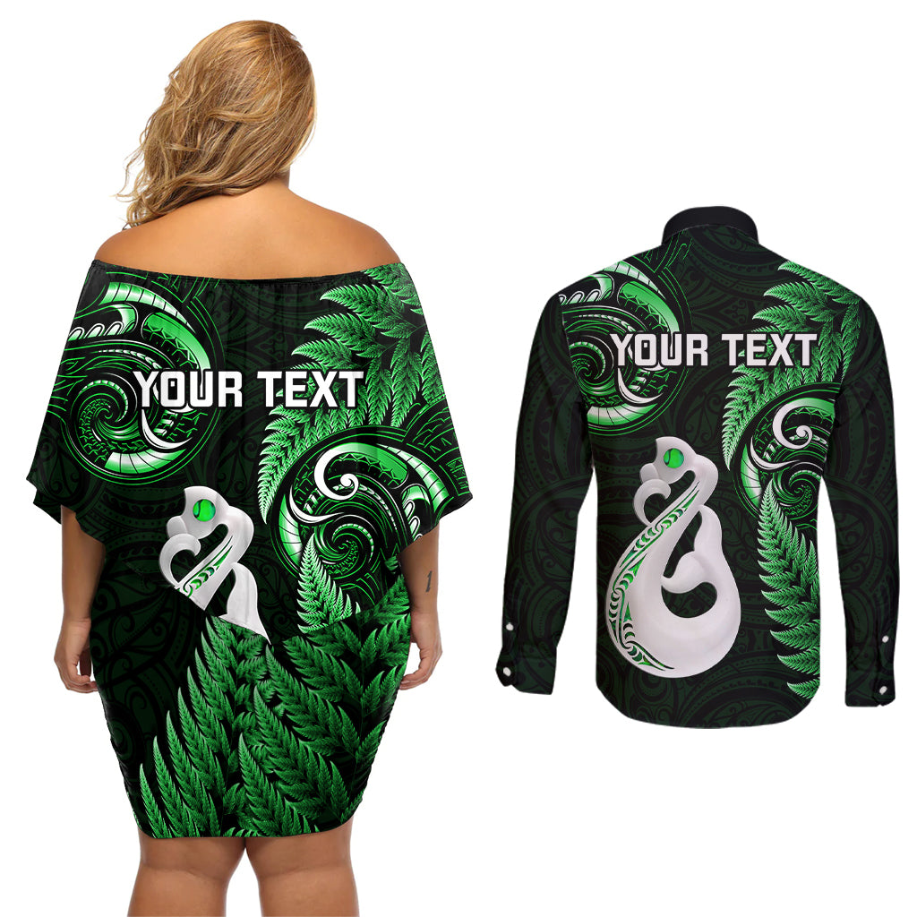 Personalised New Zealand Couples Off Shoulder Short Dress and Long Sleeve Button Shirts Aotearoa Silver Fern With Manaia Maori Unique Green LT14