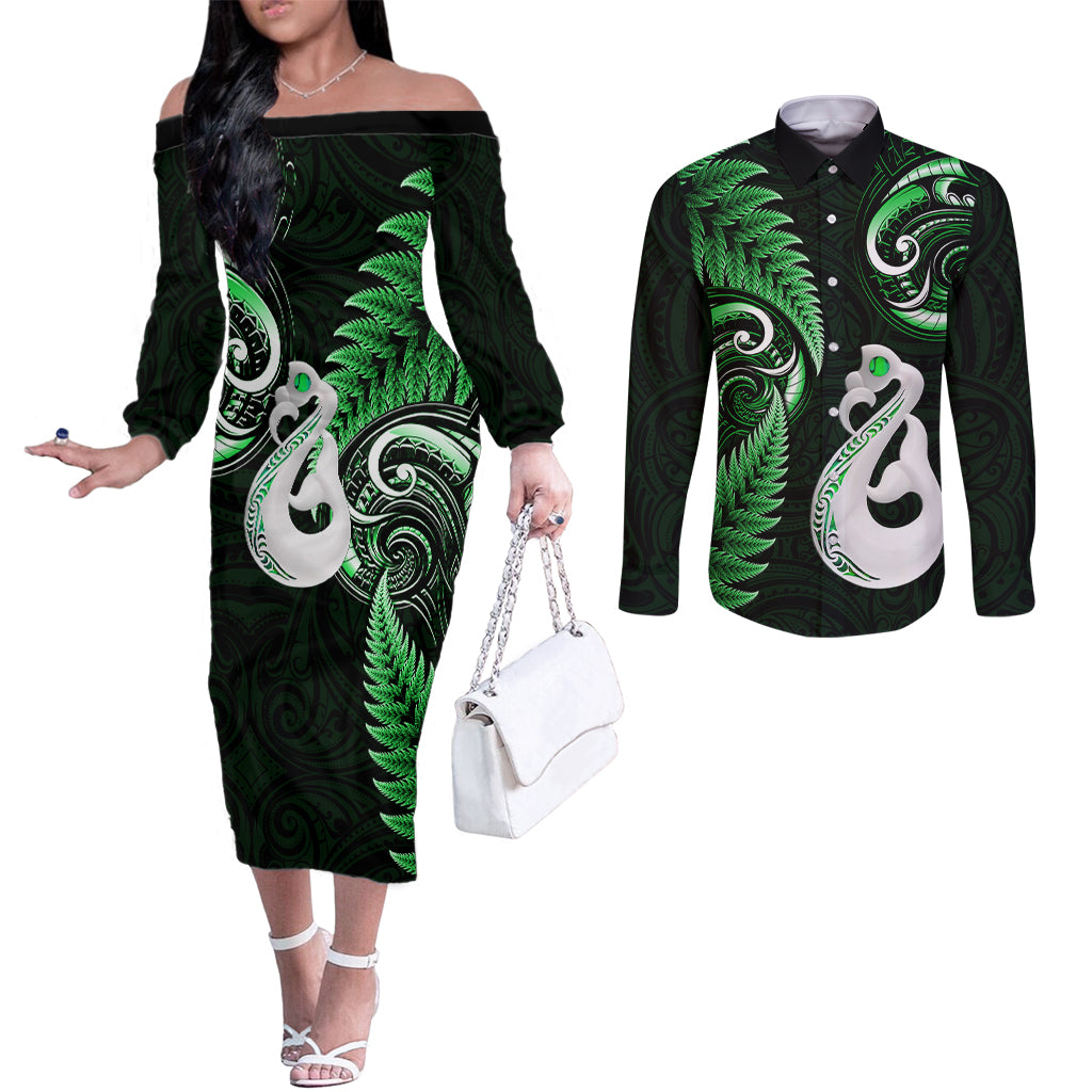 personalised-new-zealand-couples-off-the-shoulder-long-sleeve-dress-and-long-sleeve-button-shirts-aotearoa-silver-fern-with-manaia-maori-unique-green