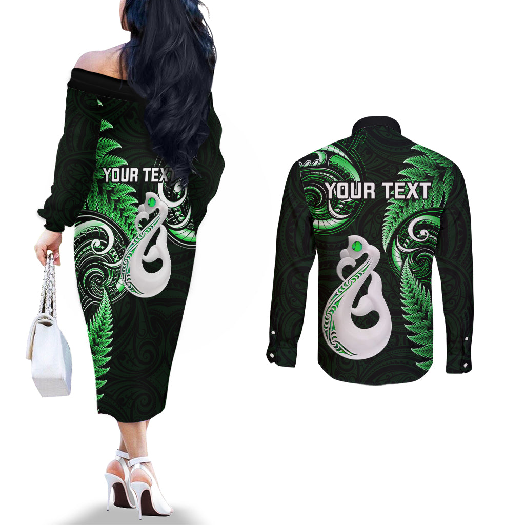 personalised-new-zealand-couples-off-the-shoulder-long-sleeve-dress-and-long-sleeve-button-shirts-aotearoa-silver-fern-with-manaia-maori-unique-green