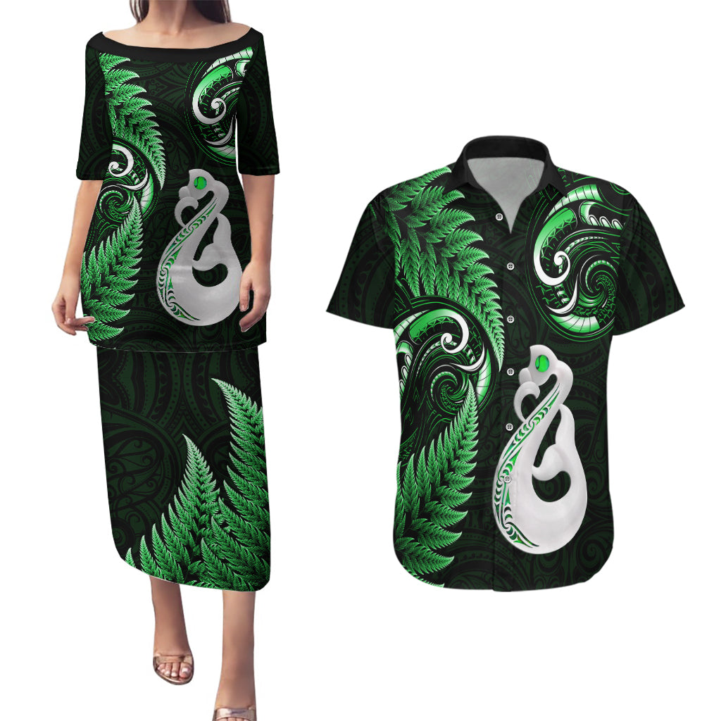 personalised-new-zealand-couples-puletasi-dress-and-hawaiian-shirt-aotearoa-silver-fern-with-manaia-maori-unique-green