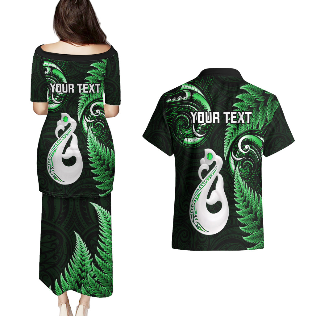 personalised-new-zealand-couples-puletasi-dress-and-hawaiian-shirt-aotearoa-silver-fern-with-manaia-maori-unique-green