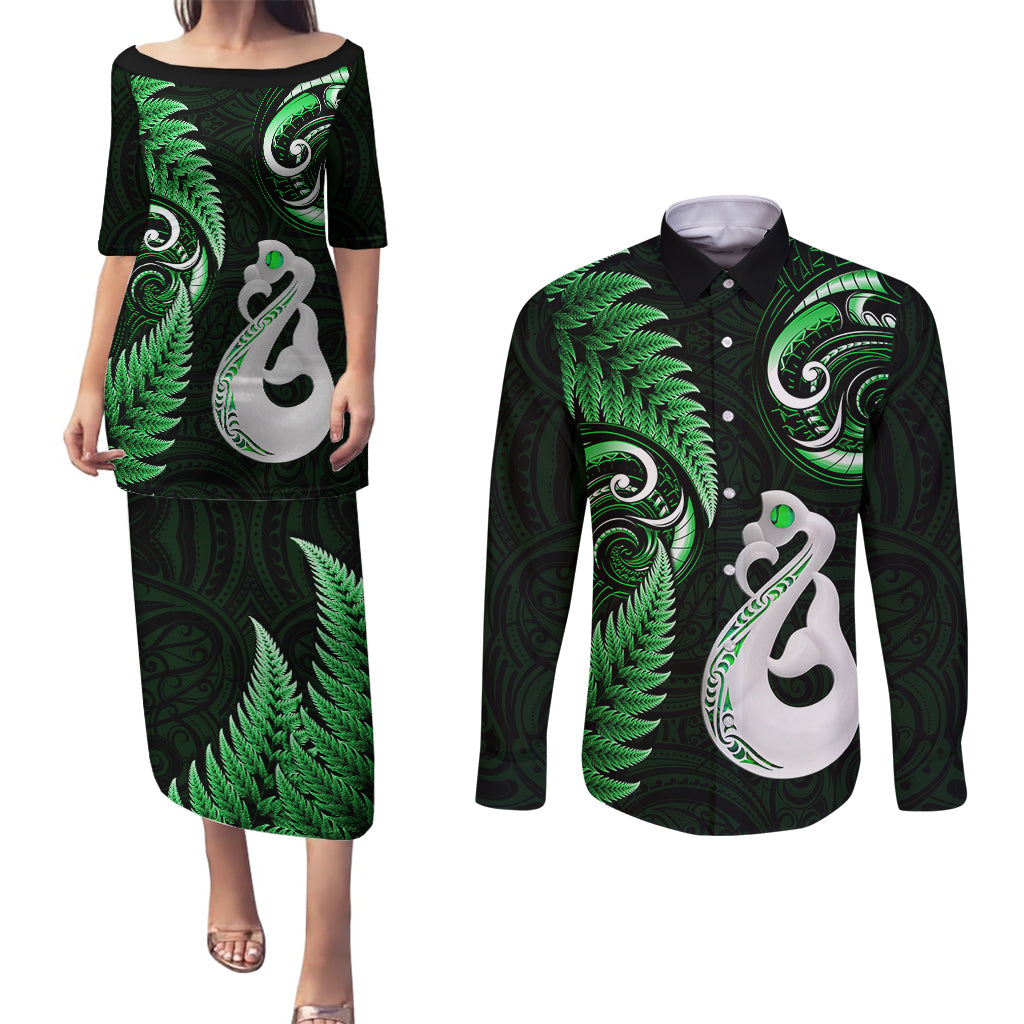 personalised-new-zealand-couples-puletasi-dress-and-long-sleeve-button-shirts-aotearoa-silver-fern-with-manaia-maori-unique-green