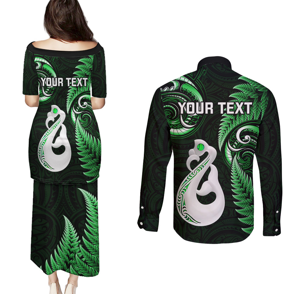 personalised-new-zealand-couples-puletasi-dress-and-long-sleeve-button-shirts-aotearoa-silver-fern-with-manaia-maori-unique-green