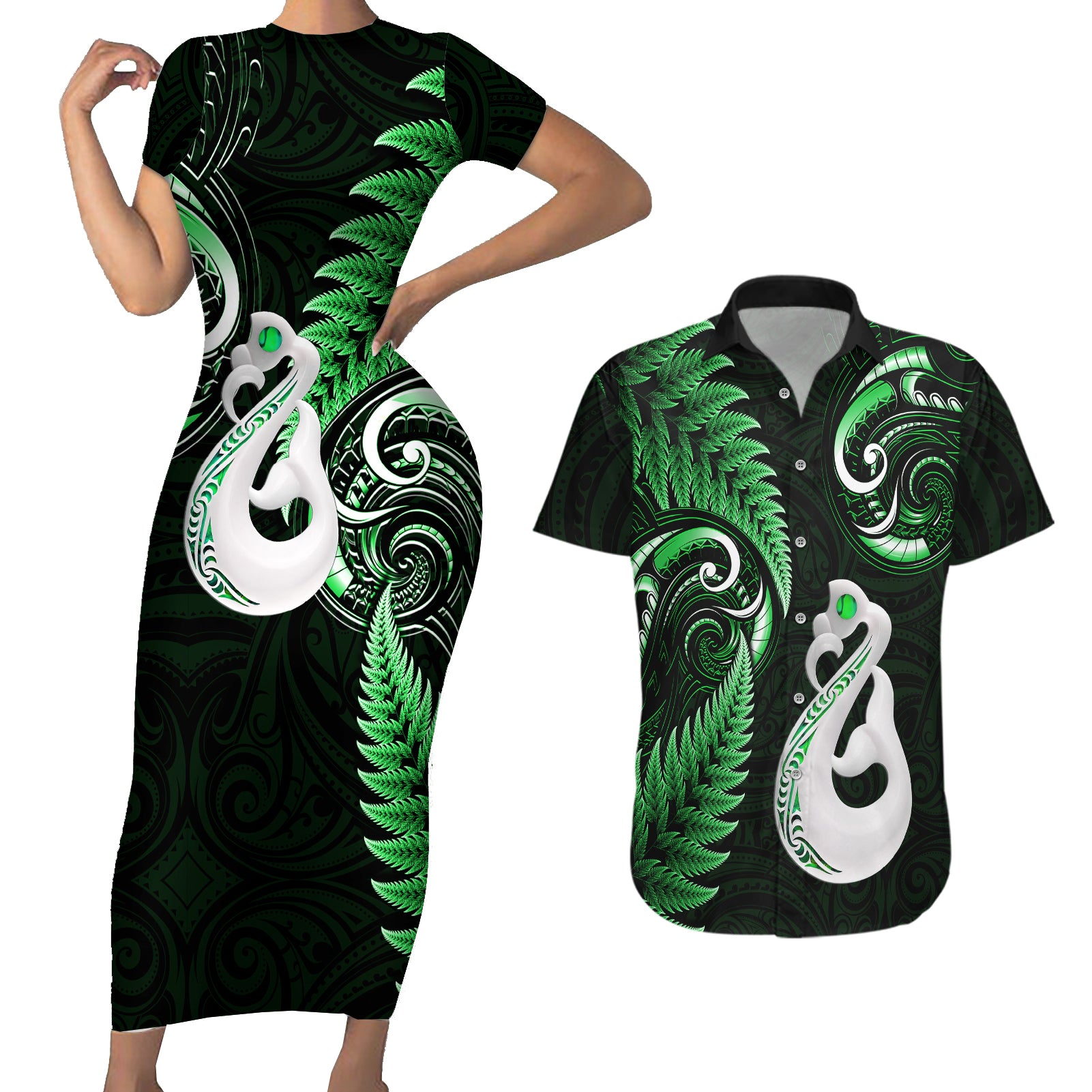 personalised-new-zealand-couples-short-sleeve-bodycon-dress-and-hawaiian-shirt-aotearoa-silver-fern-with-manaia-maori-unique-green