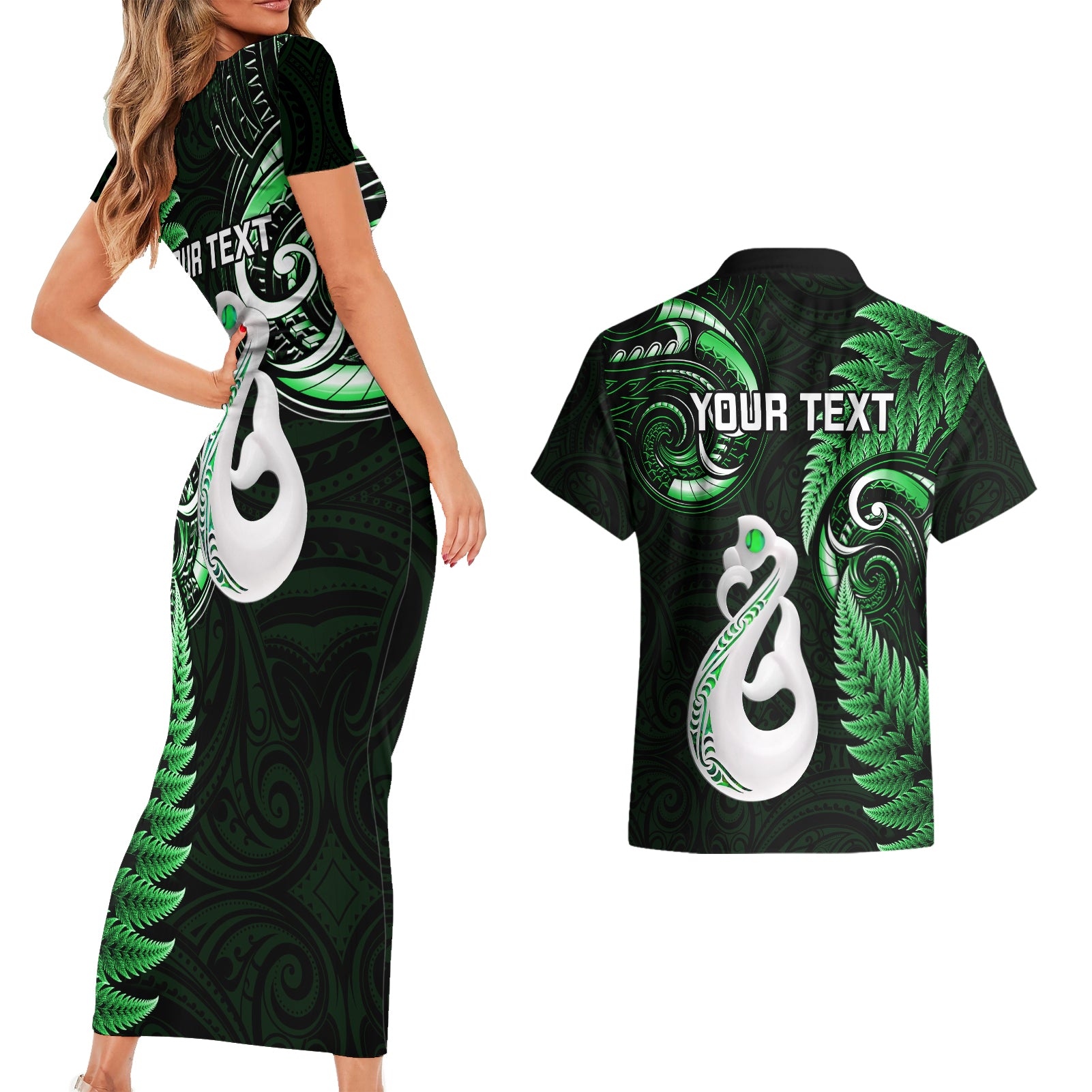 personalised-new-zealand-couples-short-sleeve-bodycon-dress-and-hawaiian-shirt-aotearoa-silver-fern-with-manaia-maori-unique-green