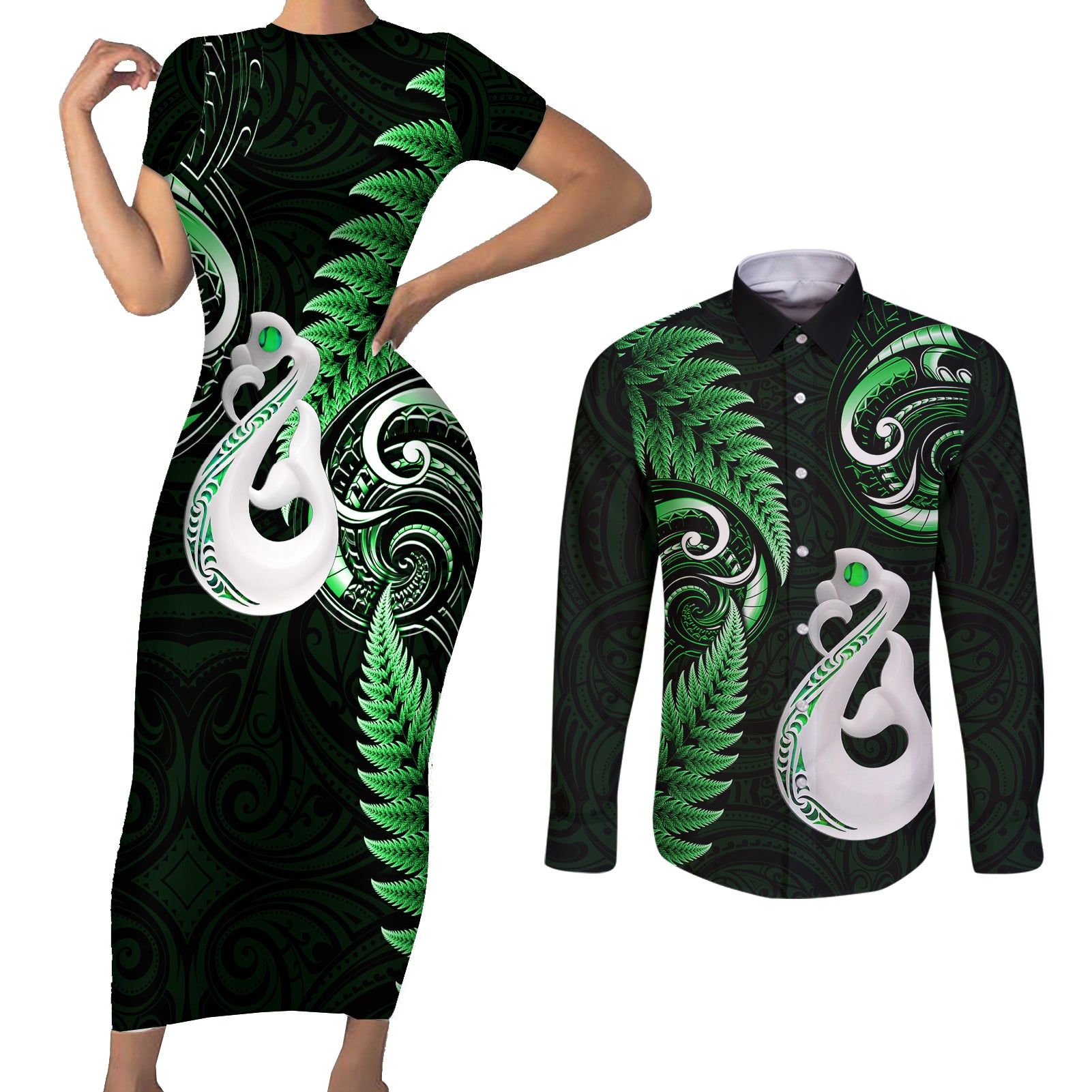 personalised-new-zealand-couples-short-sleeve-bodycon-dress-and-long-sleeve-button-shirts-aotearoa-silver-fern-with-manaia-maori-unique-green