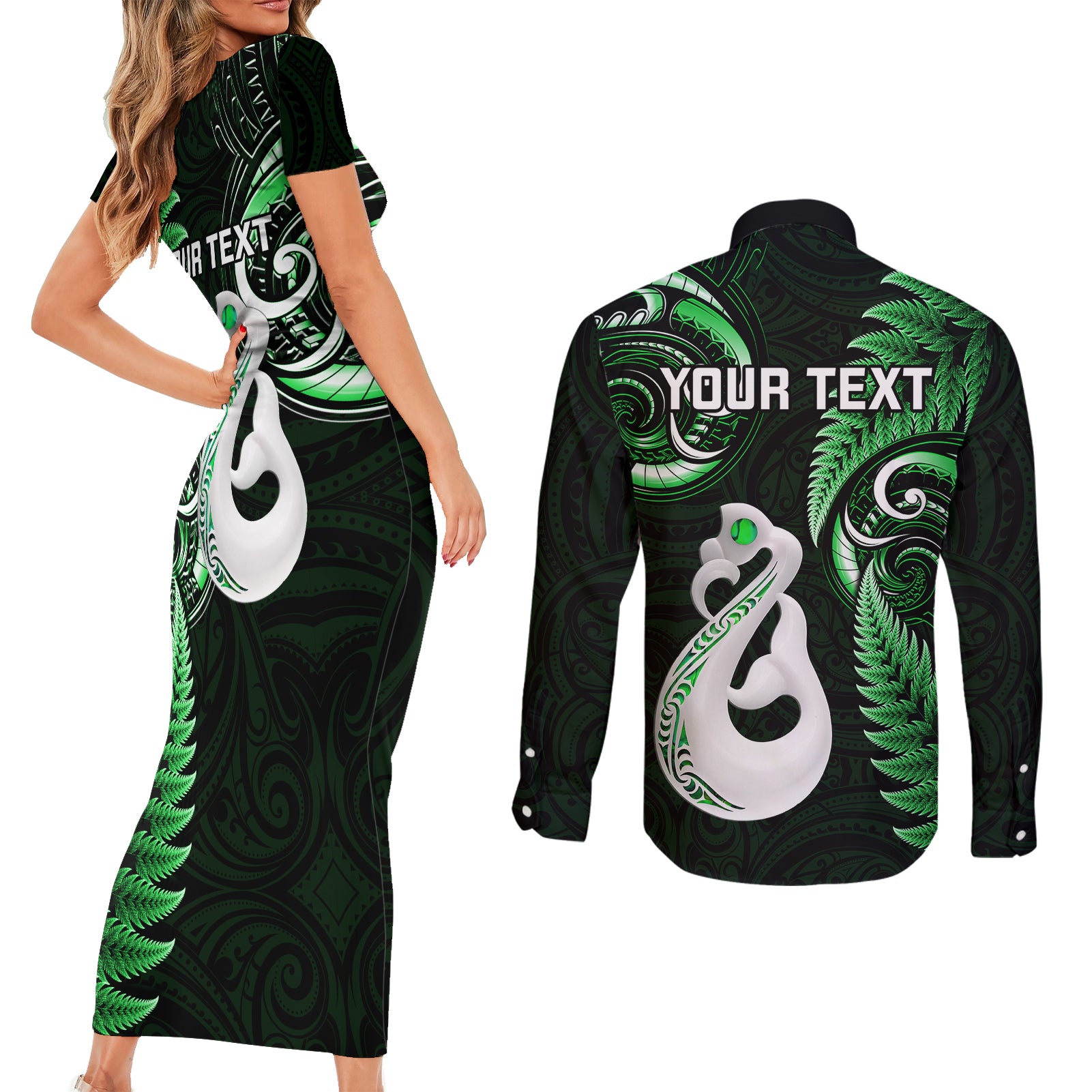 personalised-new-zealand-couples-short-sleeve-bodycon-dress-and-long-sleeve-button-shirts-aotearoa-silver-fern-with-manaia-maori-unique-green