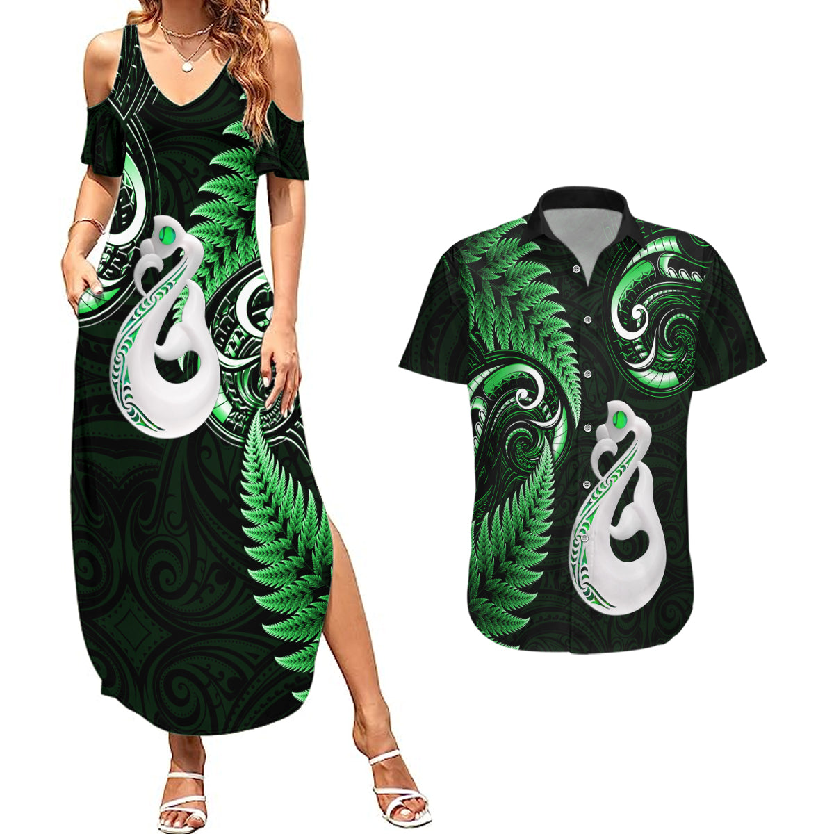 personalised-new-zealand-couples-summer-maxi-dress-and-hawaiian-shirt-aotearoa-silver-fern-with-manaia-maori-unique-green