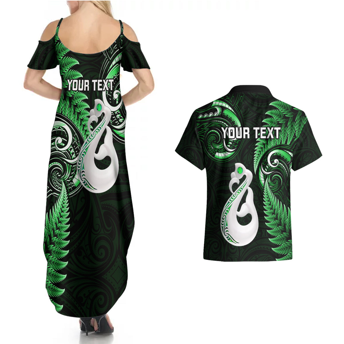 personalised-new-zealand-couples-summer-maxi-dress-and-hawaiian-shirt-aotearoa-silver-fern-with-manaia-maori-unique-green