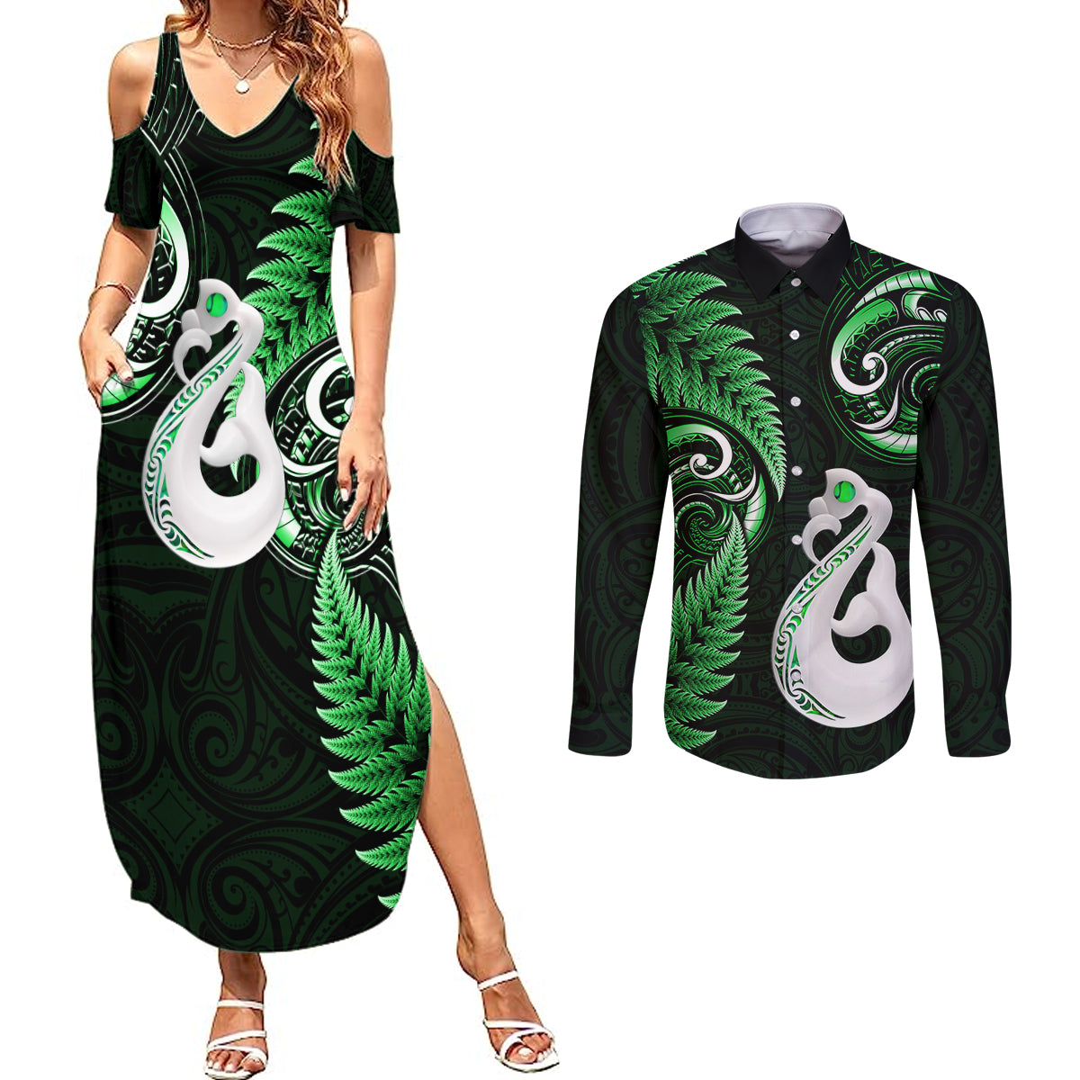 personalised-new-zealand-couples-summer-maxi-dress-and-long-sleeve-button-shirts-aotearoa-silver-fern-with-manaia-maori-unique-green