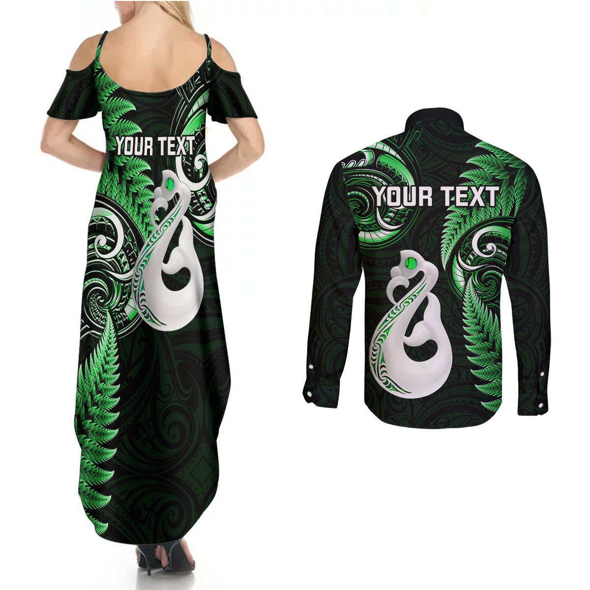 personalised-new-zealand-couples-summer-maxi-dress-and-long-sleeve-button-shirts-aotearoa-silver-fern-with-manaia-maori-unique-green