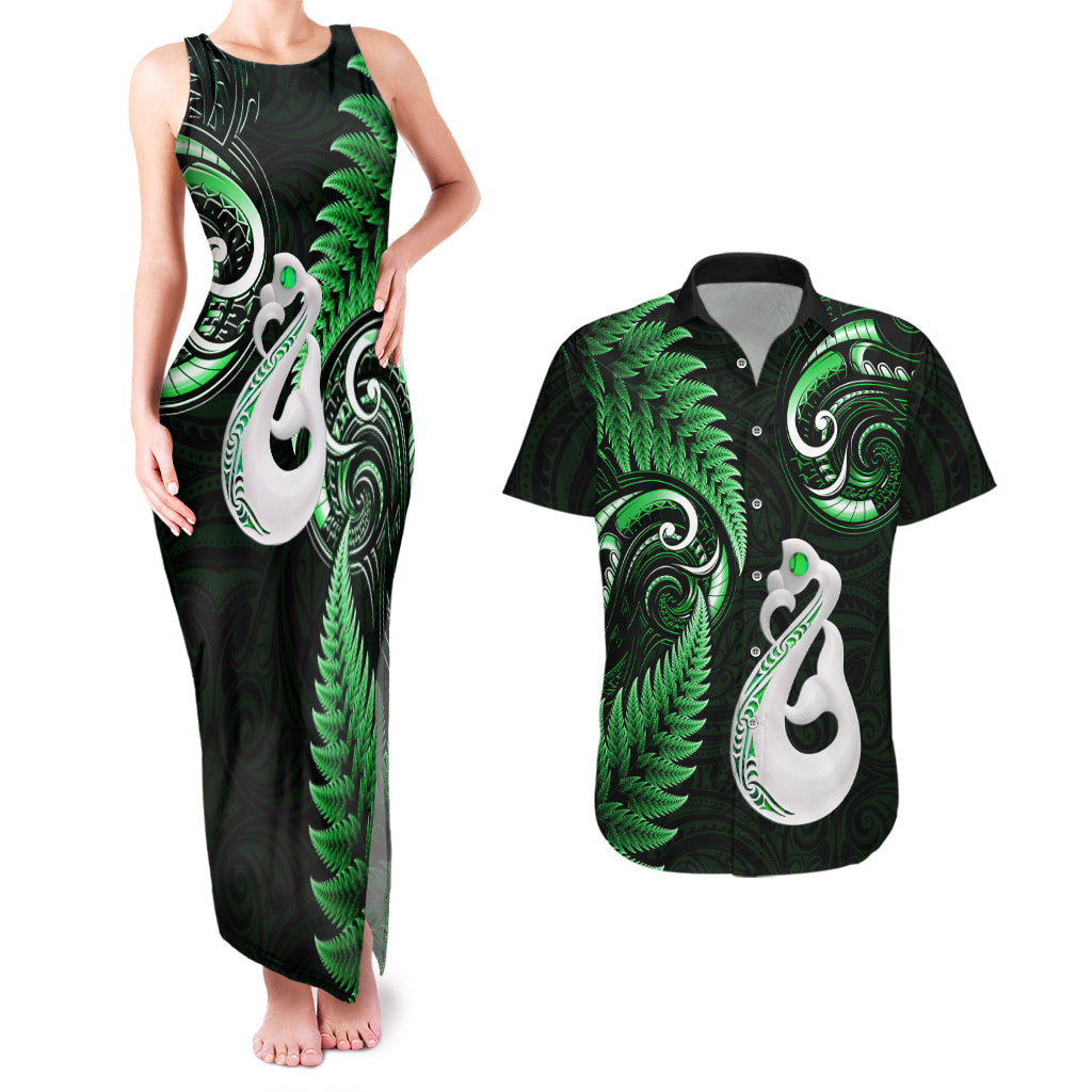 personalised-new-zealand-couples-matching-tank-maxi-dress-and-hawaiian-shirt-aotearoa-silver-fern-with-manaia-maori-unique-green