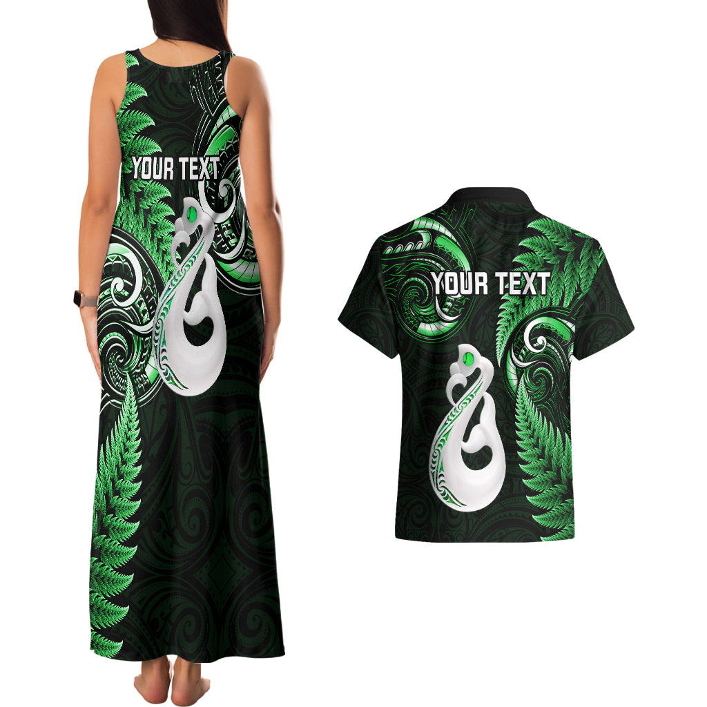 personalised-new-zealand-couples-matching-tank-maxi-dress-and-hawaiian-shirt-aotearoa-silver-fern-with-manaia-maori-unique-green