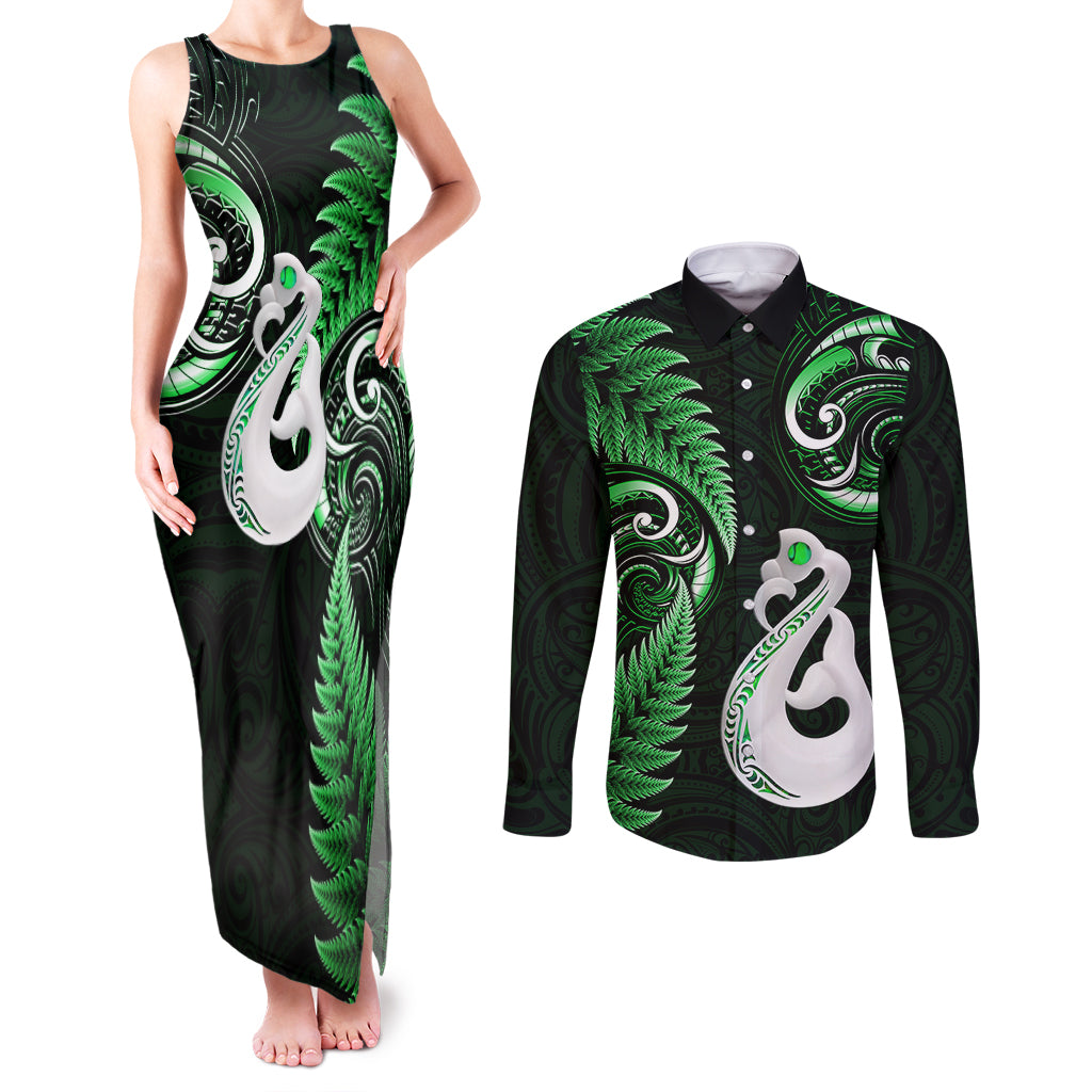 personalised-new-zealand-couples-matching-tank-maxi-dress-and-long-sleeve-button-shirts-aotearoa-silver-fern-with-manaia-maori-unique-green