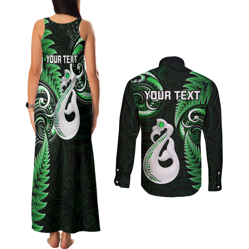 personalised-new-zealand-couples-matching-tank-maxi-dress-and-long-sleeve-button-shirts-aotearoa-silver-fern-with-manaia-maori-unique-green