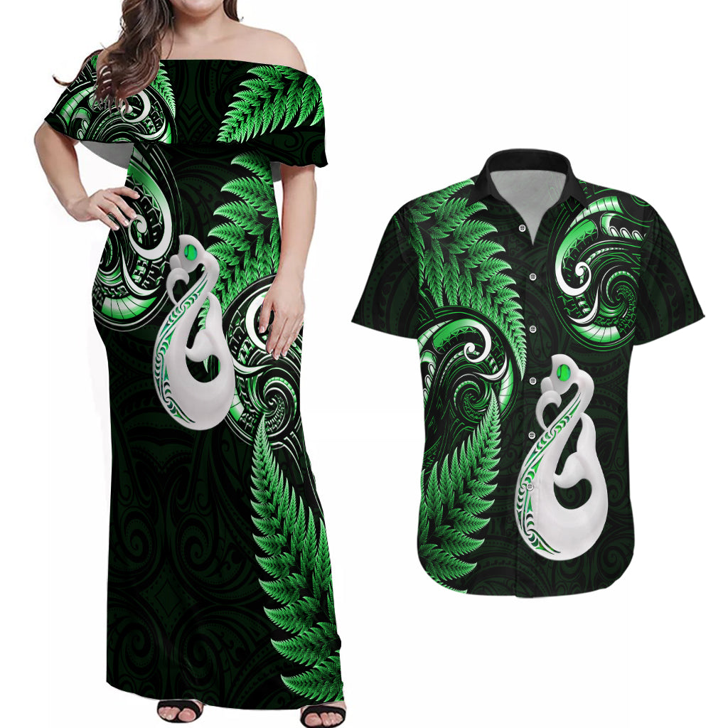 personalised-new-zealand-couples-off-shoulder-maxi-dress-and-hawaiian-shirt-aotearoa-silver-fern-with-manaia-maori-unique-green