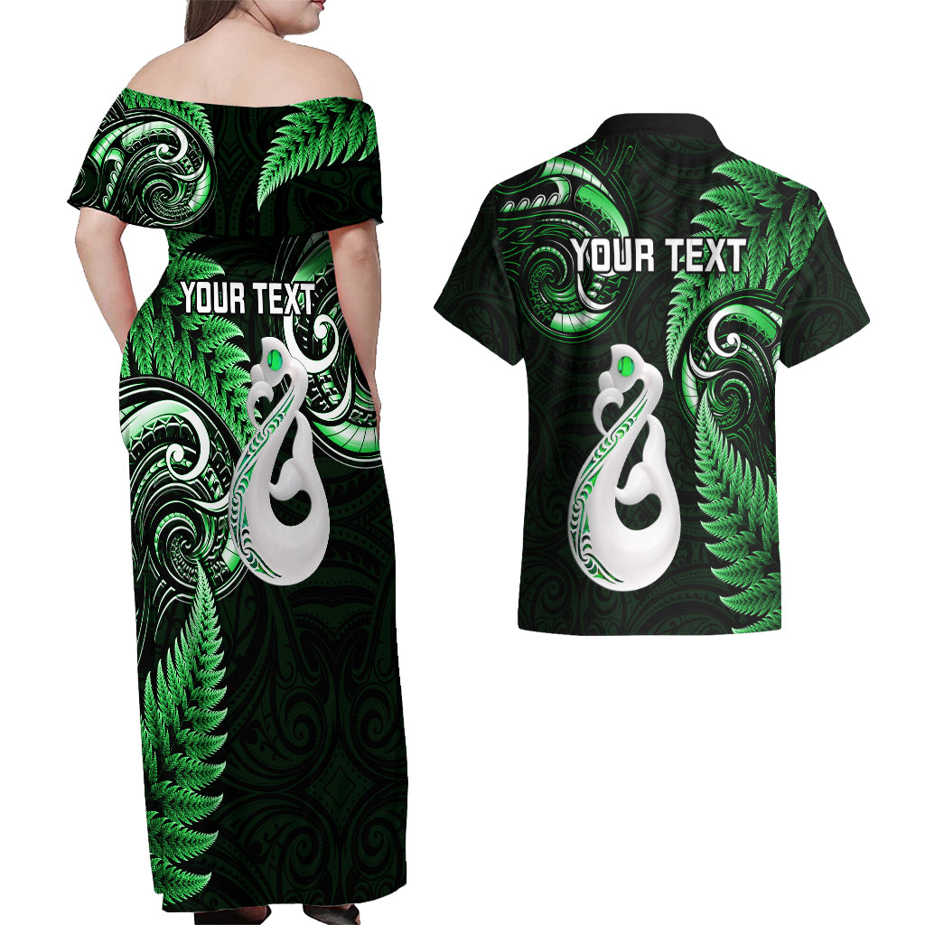 personalised-new-zealand-couples-off-shoulder-maxi-dress-and-hawaiian-shirt-aotearoa-silver-fern-with-manaia-maori-unique-green