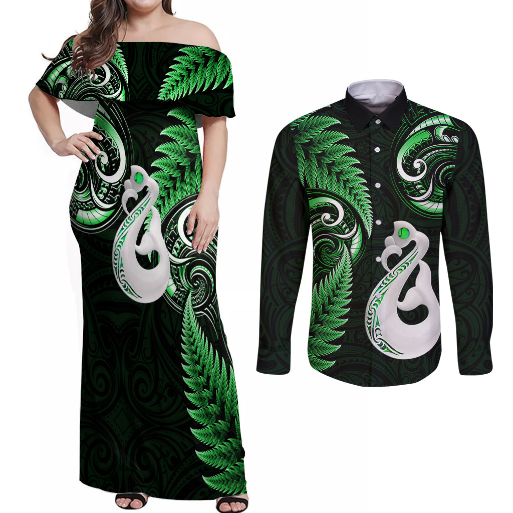 personalised-new-zealand-couples-off-shoulder-maxi-dress-and-long-sleeve-button-shirts-aotearoa-silver-fern-with-manaia-maori-unique-green