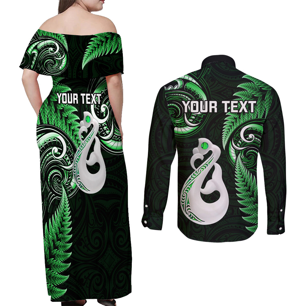 personalised-new-zealand-couples-off-shoulder-maxi-dress-and-long-sleeve-button-shirts-aotearoa-silver-fern-with-manaia-maori-unique-green