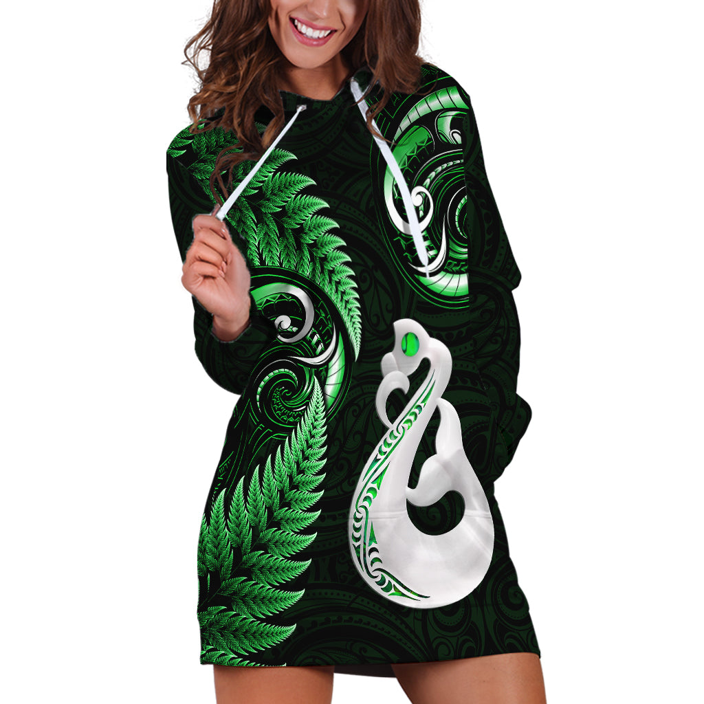 Personalised New Zealand Hoodie Dress Aotearoa Silver Fern With Manaia Maori Unique Green - Vibe Hoodie Shop