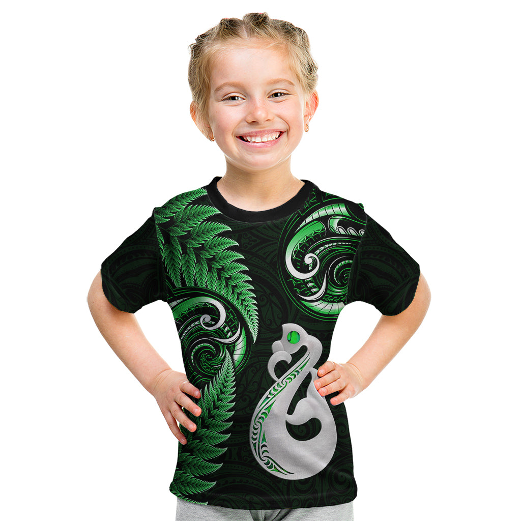 Personalised New Zealand Kid T Shirt Aotearoa Silver Fern With Manaia Maori Unique Green - Vibe Hoodie Shop