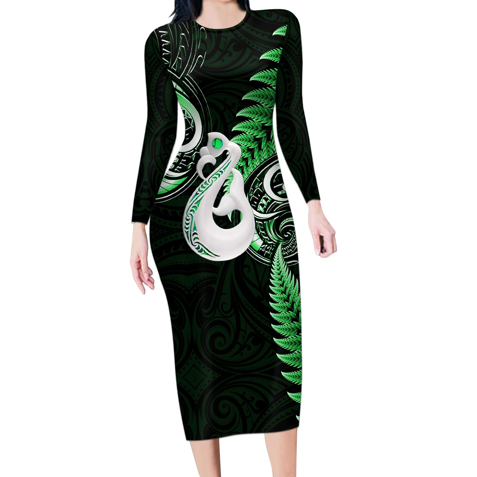 personalised-new-zealand-long-sleeve-bodycon-dress-aotearoa-silver-fern-with-manaia-maori-unique-green