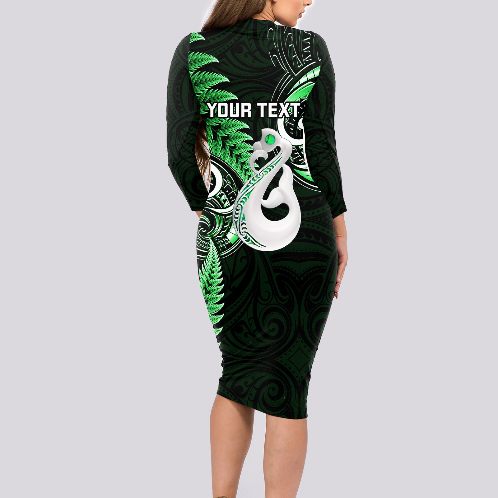 personalised-new-zealand-long-sleeve-bodycon-dress-aotearoa-silver-fern-with-manaia-maori-unique-green